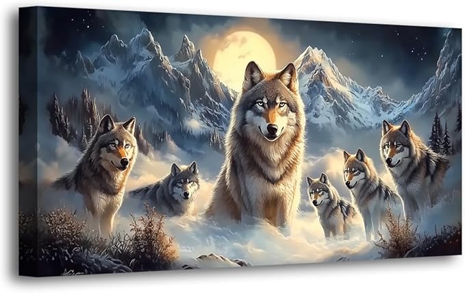 Wolf Pack Pictures Canvas Wall Art for Living room Office Bedroom Wall Decor, Moon Wall Art Print Paintings Modern The Wolf Gray Zoon Artwork Waterproof Ready to Hang-20x40inch