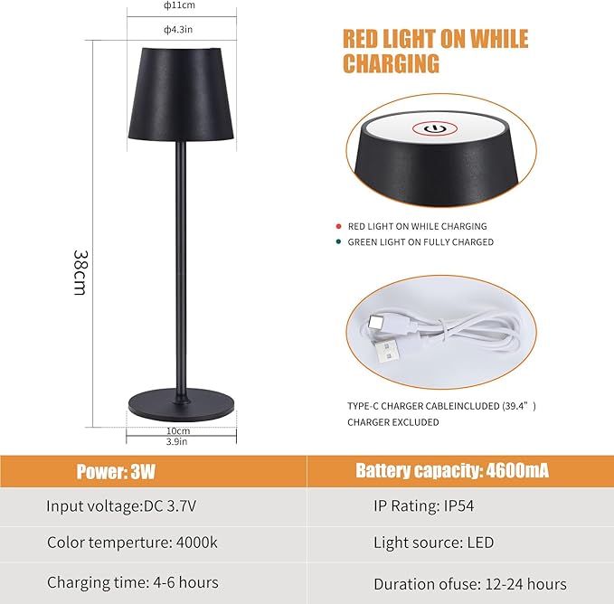 Cordless Table Lamps USB Rechargeable Simplicity Desk Lamp Built-in 4600 mAh Battery LED Battery Operated lamp with Touch Control Table lamp - Bedroom/Desk/Reading/Patio(Black)
