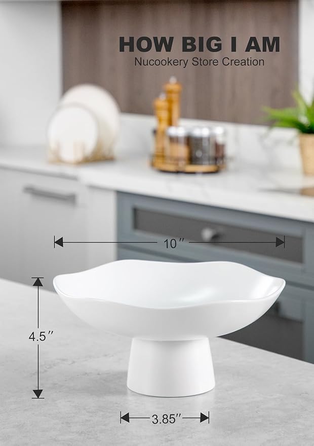 Nucookery Ceramic Fruit Bowl for Kitchen Counter, Modern Fruit and Bread Basket Stand,10 inch Large Decorative Bowl for Home Kitchen Decor, Fruit & Vegetables Holder Storage, Matte White