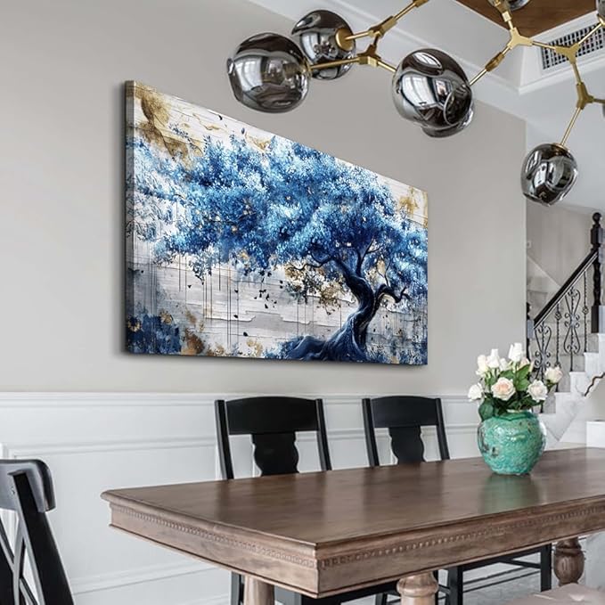 ERQINHUA Large Canvas Wall Decor For Living Room Wall Art For Bedroom Office Decor Blue Tree Wall Paintings Farmhouse Abstract Watercolour Pictures Artwork Home Decor Ready To Hang Posters 30"X60"
