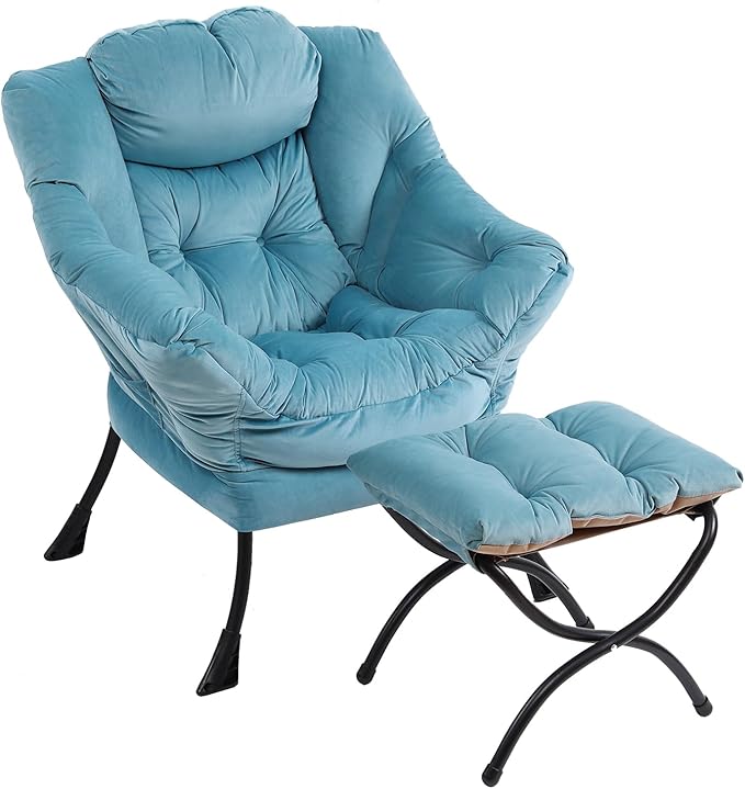 Lazy Chair with Ottoman, Modern Chair with Folding Footrest, Lounge Accent Chair, Comfortable Reading Chair (Velvet Light Blue