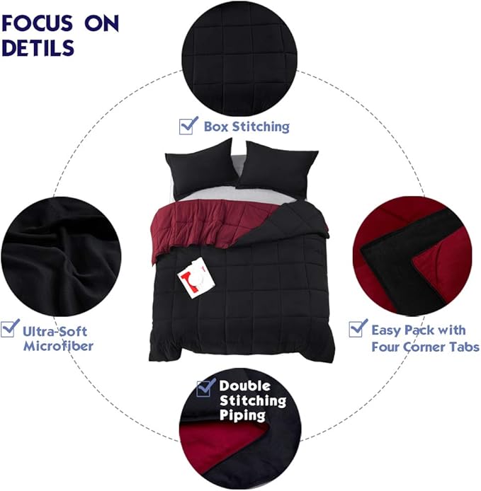 HIG 3pc Down Alternative Comforter Set - All Season Reversible Comforter with Sham - Quilted Duvet Insert with Corner Tabs - Box Stitched - Super Soft, Fluffy (Twin/Twin XL, Black)