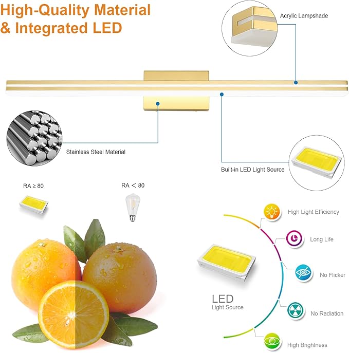 SineRise 40-Inch LED Modern Bathroom Vanity Light Bar, Gold Modern Acrylic Bathroom Wall Lighting Fixtures Over Mirror (Cool White 6000K)