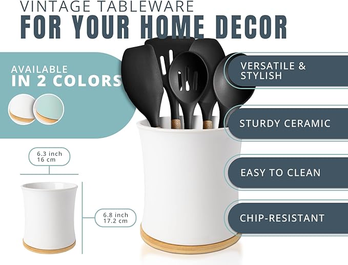 Comfify Large Ceramic Kitchen Utensil Holder with Bamboo Base - Modern Utensil Crock for Countertop Organization - Kitchen Counter Organizer for Cooking Tools, Spatulas, Spoons & More - White Ceramic