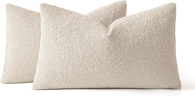 MIULEE 12x20 Inch Decorative Lumbar Throw Pillows for Bed Set of 2 Textured Boucle Neutral Throw Pillow Covers Natural Beige Accent Solid Pillowcase Cozy Soft Sofa Livingroom Home Decor
