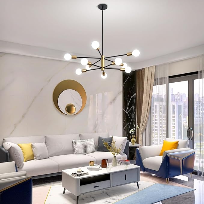 10-Light Modern Chandelier Sputnik Light Fixtures, Mid Century Chandelier Dining Room Light, Black and Gold Ceiling Lights Chandeliers for Bedroom Living Room Kitchen