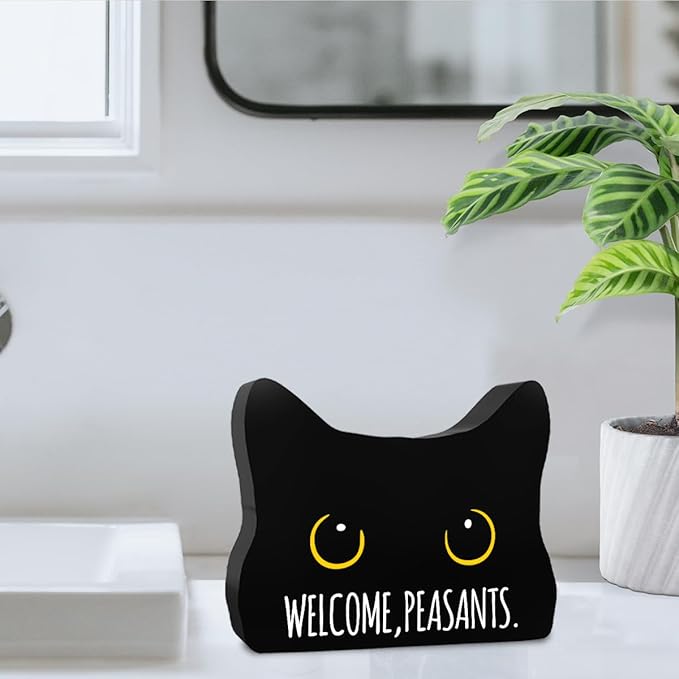 Welcome Peasants Funny Bathroom Acrylic Decor Sign Black Cat Decor Cat Decor for Home Bathroom Cat Lover Gifts For Women Men