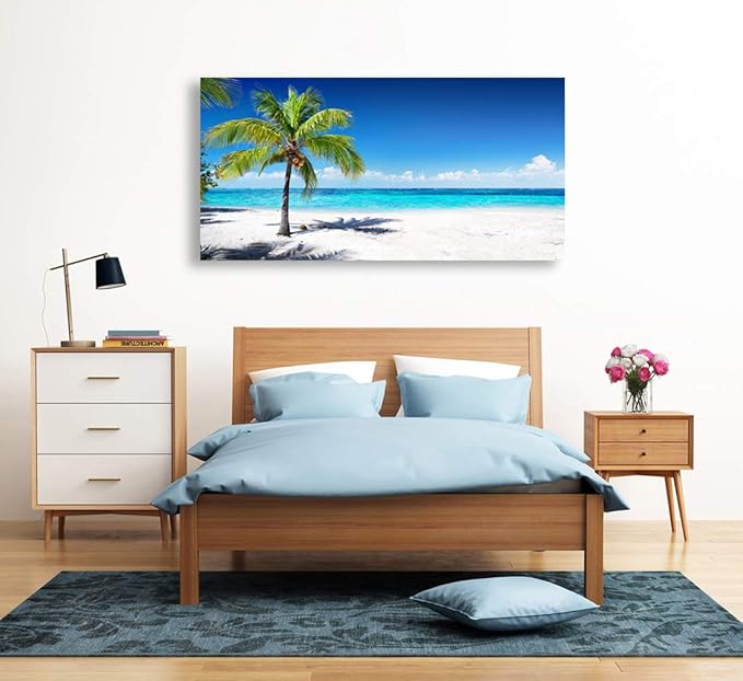 Baisuart-Large Canvas Wall Art Summer Ocean Waves Coconut Trees on Sands Beach Seascape Painting Sea Nature Pictures for Living Room Home Office Wall Decor Artwork
