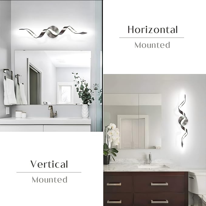 Dimmable Modern LED Bathroom Vanity Light 24 inch, 15W Spiral Design Brushed Nickel Bathroom Light Fixtures Over Mirror, Wall Sconces Lighting for Living Room Bedroom 6000K