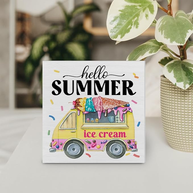 Hello Summer Decor Ice Cream Wood Block Sign Summer Decorations for Home Kitchen 5 x 5 Inches