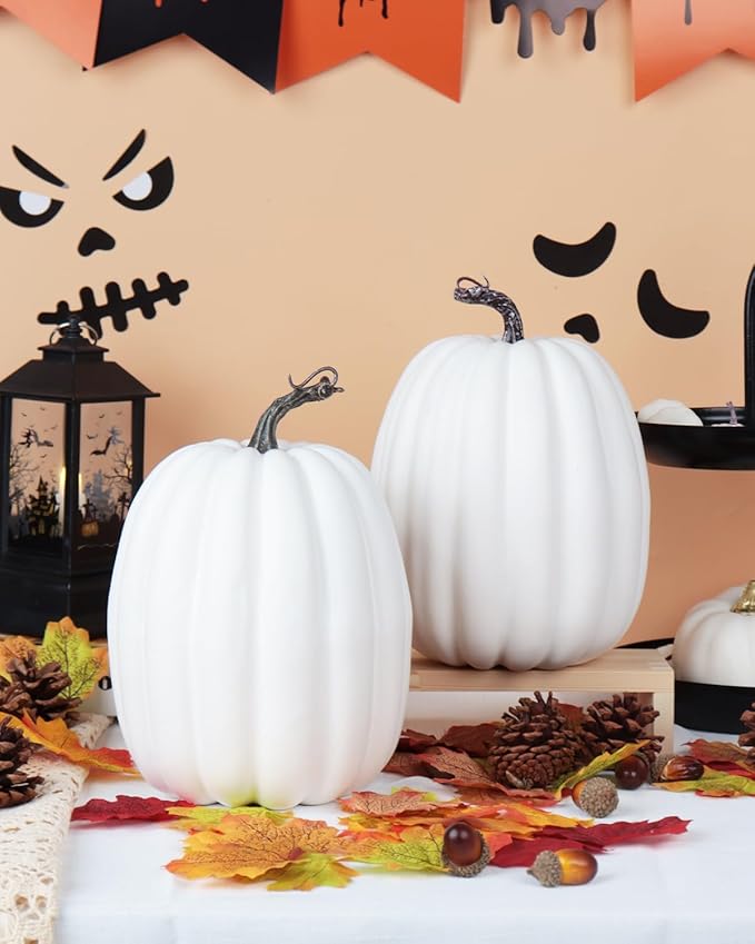 vensovo 2PCS 8 Inch White Plastic Pumpkins for Decorating – Large Artificial Foam Pumpkins for Fall Decor, Halloween, Thanksgiving, Paintable for DIY Crafts & Centerpieces