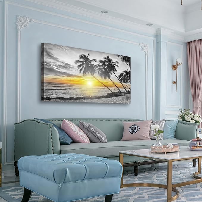 Beach Wall Art Bedroom Wall Decor Living Room,Ocean Canvas Wall Art Office Farmhouse Paintings Artwork Modern Golden Sunshine Black and White Sea Wall Art Prints Pictures 20 * 40inch