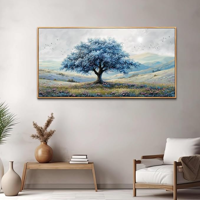 ZUITINGHUA Wood Framed Canvas Wall Art For Living Room Large Wall Decor For Office Bedroom Decorations Blue Tree Landscape Pictures Farmhouse Paintings Artwork Wall Mural Modern Home Decor 30x60 In