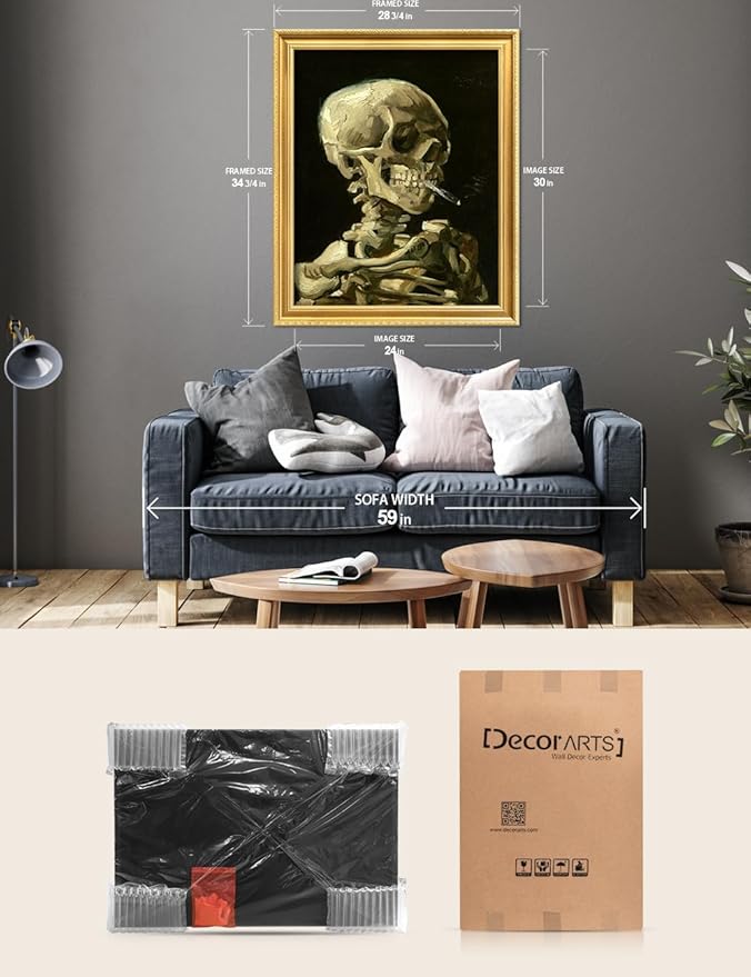 DECORARTS - Vincent van Gogh's Skull with Burning Cigarette, Museum-Quality Giclee Canvas Print in Gold Solid Wood Frame, 34.75 x 28.75 in, Ready to Hang, Made in USA
