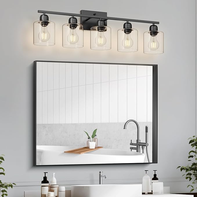 5 Light Bathroom Vanity Light, Bathroom Light Fixtures Black with Clear Glass,30 inch Vanity Lights for Mirror Living Room Bedroom Hallway E26 Base