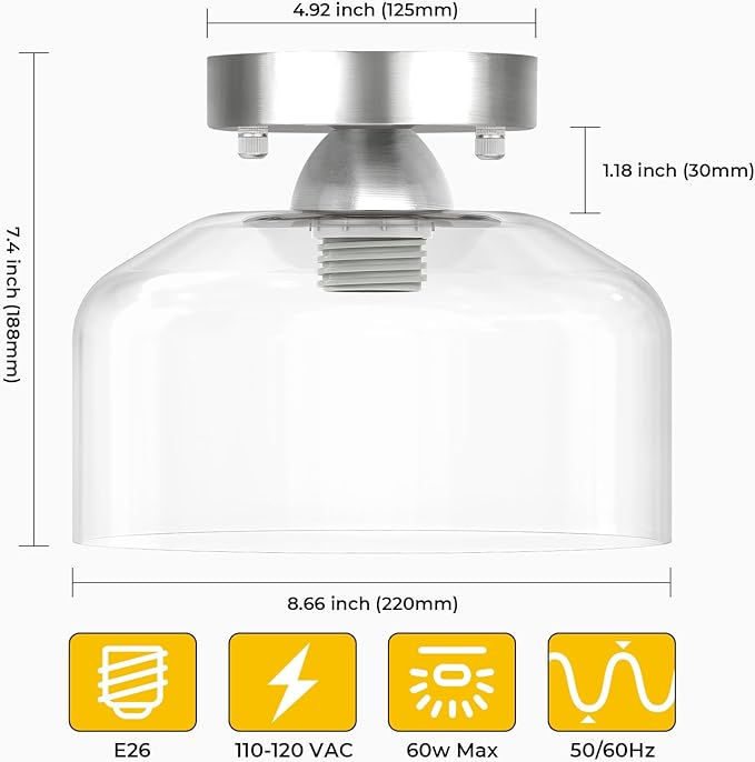 Semi Flush Mount Ceiling Light Silver, Clear Glass Pendant Lamp Shade, Modern Farmhouse Light Fixture for Hallway Corridor Kitchen Entryway Bedroom, Bulb Not Included