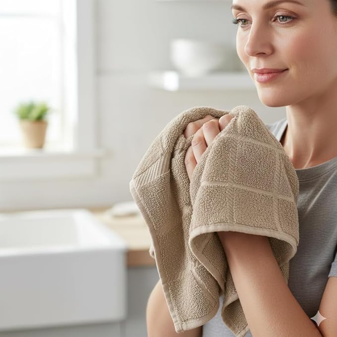 100% Cotton Terry Dish Towels, 4 pack16 x26 Inches, Super Soft and Absorbent Kitchen Towels, Perfect for Kitchen Cleaning and Dish Washing | Tan