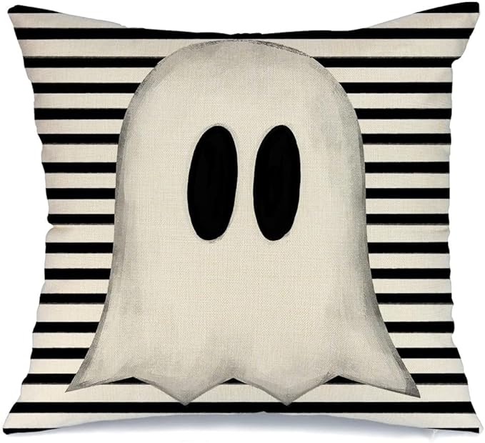 AACORS Halloween Throw Pillow Cover 18X18 Inch White Ghost Striped Decorations Holiday Farmhouse Cushion Case for Home Sofa Couch Decor AA012-18