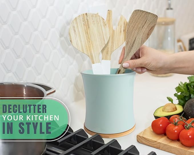 Comfify Large Ceramic Kitchen Utensil Holder with Bamboo Base - Modern Utensil Crock for Countertop Organization - Kitchen Counter Organizer for Cooking Tools, Spatulas, Spoons & More - Blue Ceramic