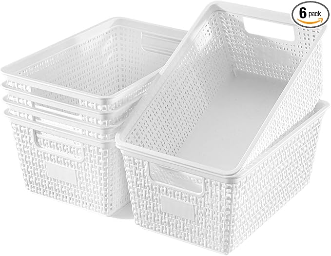 Plastic Storage Baskets For Organizing, 6 Pack Organization and Storage Containers, Storage Baskets for Shelves Drawers Desktop Closet Playroom Classroom Office, White