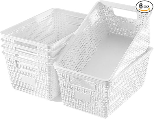Plastic Storage Baskets For Organizing, 6 Pack Organization and Storage Containers, Storage Baskets for Shelves Drawers Desktop Closet Playroom Classroom Office, White