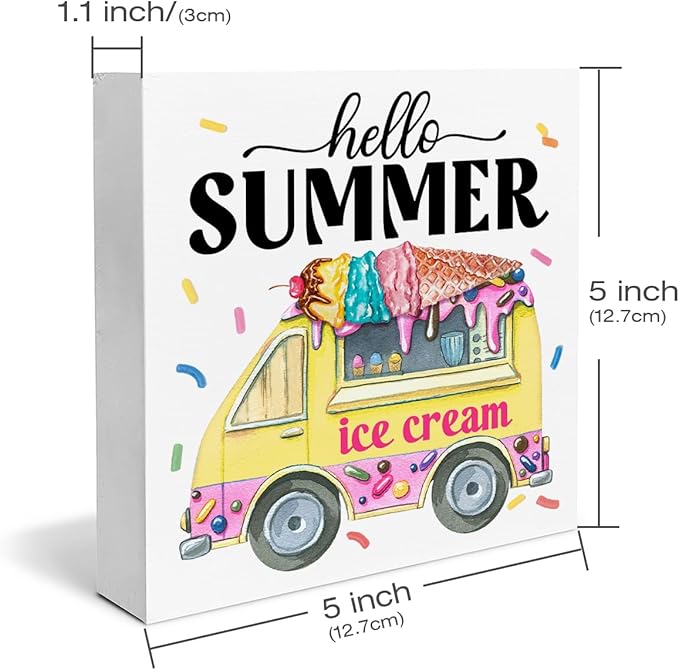 Hello Summer Decor Ice Cream Wood Block Sign Summer Decorations for Home Kitchen 5 x 5 Inches