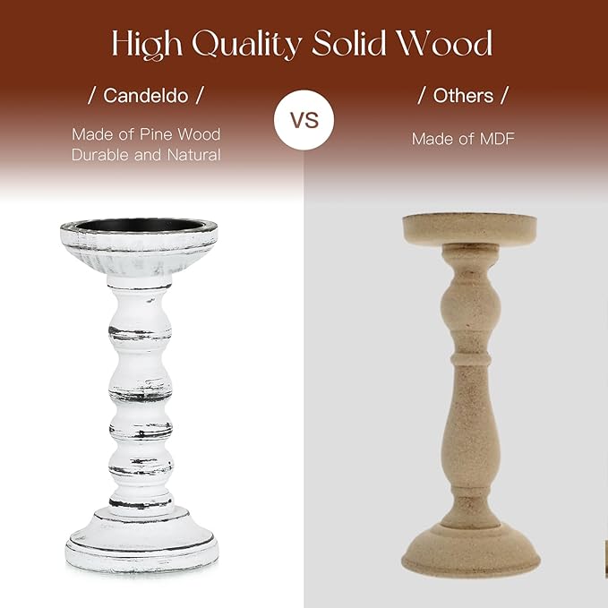 Wood Candle Holders for Pillar: Rustic Candles Holder Set of 3 Tall Table Centerpiece Decor Wooden White Farmhouse Decorations for Fireplace Mantle