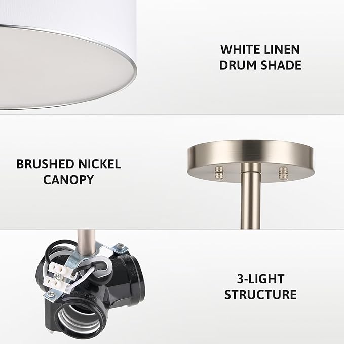 VONLUCE Semi Flush Mount Ceiling Light, 18" Drum Light Fixture with Diffused Shaped, Modern Drum Light Fixture for Bedroom Living Room Entryway Hallway, White Shade & Nickel Finish