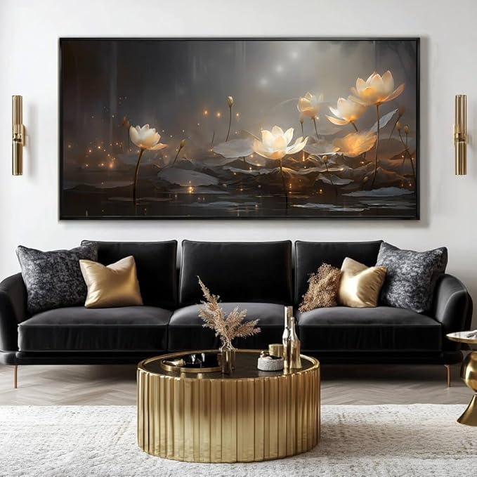SDYA White Floral Wall Decor Gold Botanical Canvas Paintings Modern Artwork for Living Room Bedroom Office Home Decor 29"x58"