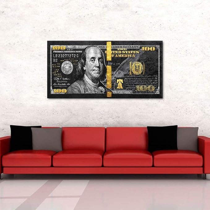 100 Money Wall Art Black Gold Dollars Bill Canvas Paintings Posters and Posters Inspirational Wall Pictures for Bathroom Guest Room Game Room Wall Hang Large Size Wooden Framed Art Print-48 Wx24 H