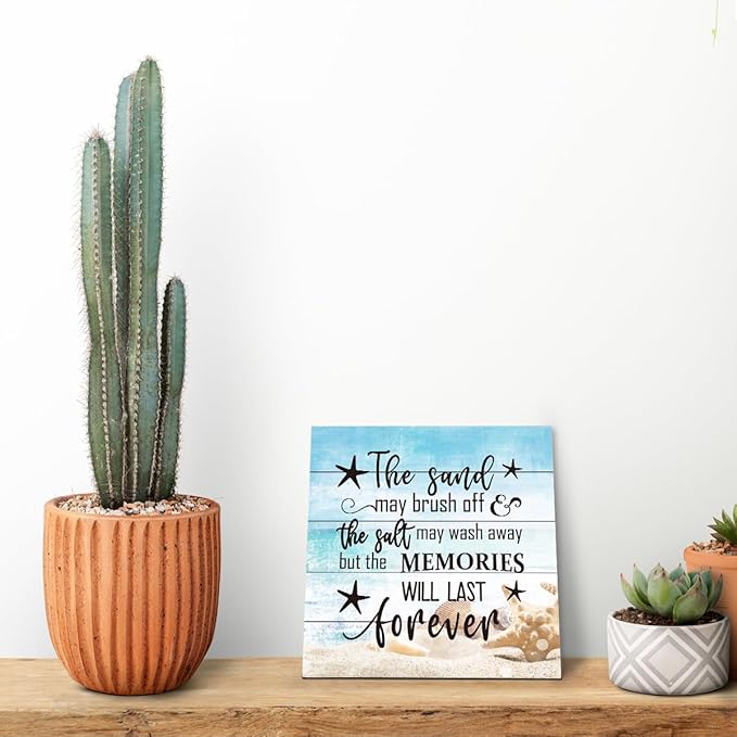 Beach Wood Sign, “The Sand May Brush Off the Salt May Wash Away but the Memories Will Last Forever”, Wooden Plaque Table Art Sign, Ocean Theme Home Decorations, Coastal House Decor, Family Sign H