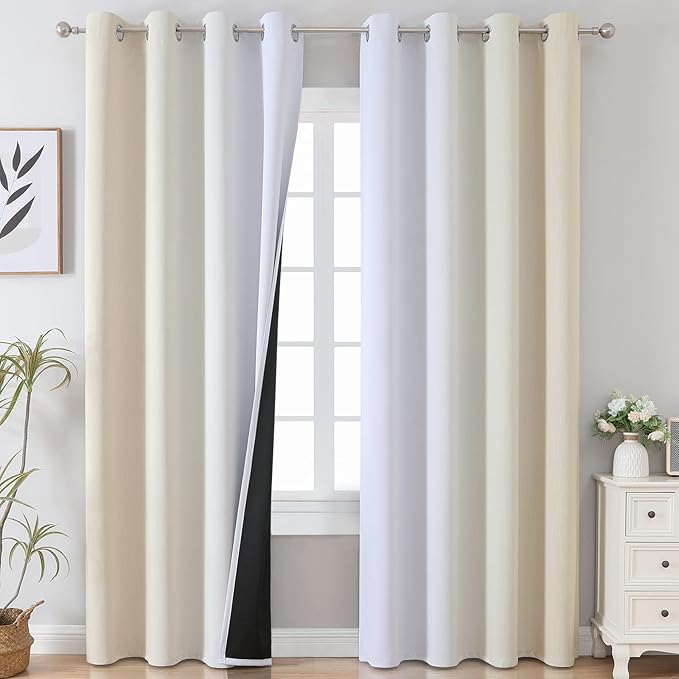 Estelar Textiler Ombre Greyish White and Beige Blackout Curtains & Drapes 96 Inch Length 2 Panels, Gradient Thermal Insulated Full Light Blocking Grommet Blackout Drapes for Bedroom, 52Wx96L