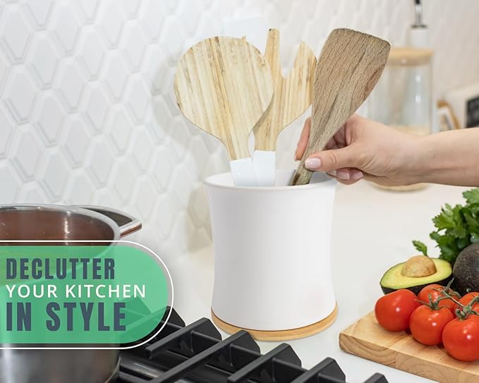 Comfify Large Ceramic Kitchen Utensil Holder with Bamboo Base - Modern Utensil Crock for Countertop Organization - Kitchen Counter Organizer for Cooking Tools, Spatulas, Spoons & More - White Ceramic