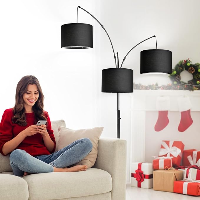 Dimmable Floor Lamp - 3 Lights Arc Floor Lamps for Living Room, 1000LM Modern Tall Standing Lamp With Black Shades & Heavy Base, Mid Century Tree Floor Lamp for Bedroom Office, 3 LED Bulbs Included