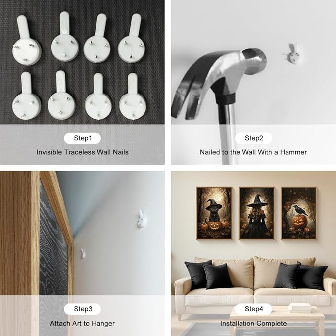 HOURIA Large Halloween Spooky Witch Black Cat Raven Framed Canvas Wall Art Set,Witchy Hat Pumpkin Wall Decor,Full Moon Autumn Forest Artwork,Dark Castle Art Prints for Living Room, Bedroom-16 x24 x3