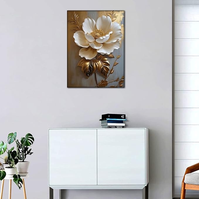 Flower Pictures Canvas Wall Art White Gold Flowers Elegant Wall Decor pictures 3D Retro Floral poster prints for Bedroom Bathroom Wall Decorations (16inx24in canvas)