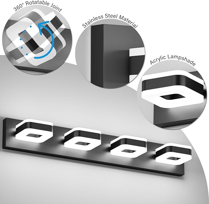 Tipace Black Bathroom Vanity Lights 4 Lights LED Modern Black Bathroom Light Fixture Over Mirror Acrylic Wall Lighting (White Light 5500K) with Rotatable Vanity Lights Heads