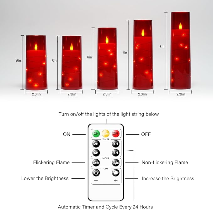 Flameless LED Candles with Timer 5 Pc Flickering Flameless Candles for Romantic Ambiance and Home Decoration Stable Acrylic Shell,with Embedded Star String,Battery Operated Candles(Red)
