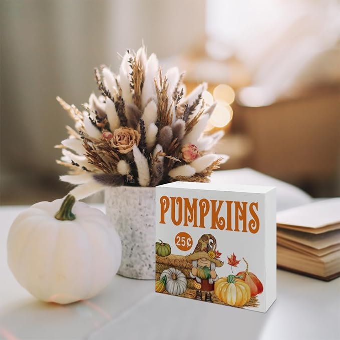 Fall Home Decor, Gnome Decors, Autumn Thanksgiving Wooden Sign, Pumpkin Artwork Decor for Home Office, Decorative Wooden Box Signs, Rustic Tabletop Decors, Pumpkin Wood Signs A6