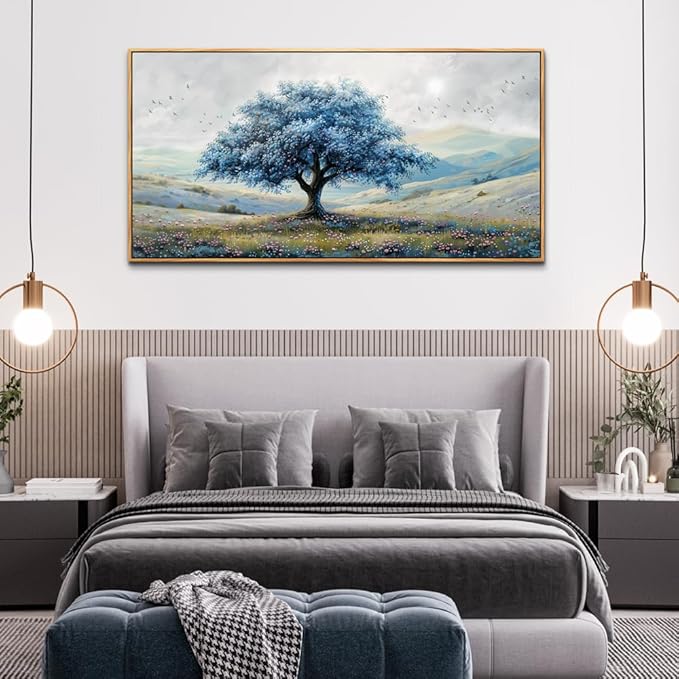 ZUITINGHUA Wood Framed Canvas Wall Art For Living Room Large Wall Decor For Office Bedroom Decorations Blue Tree Landscape Pictures Farmhouse Paintings Artwork Wall Mural Modern Home Decor 30x60 In