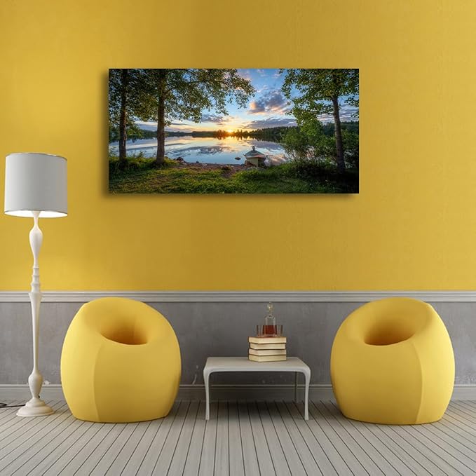 Tree Canvas Wall Art of a Sunrise Over a Forest Lake 20x40inches Nature Inspired Painting Perfect for Wall Decoration in Living Room and Bedroom Trees and Landscape Picture Artwork Prints