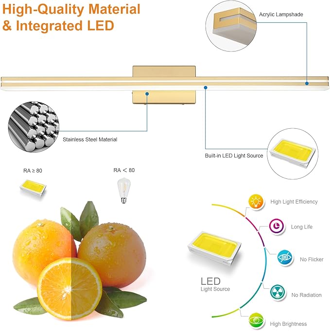 SineRise LED Modern Bathroom Vanity Light Fixtures (40-Inch, 3000K/4000K/6000K, Dimmable), Gold Modern Acrylic Bathroom Wall Lighting Fixtures Over Mirror