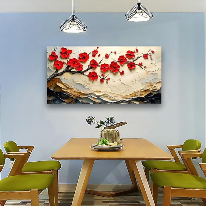 Tree of Life Pictures Canvas Wall Art for Living room Office Bedroom Red Flower Tree Wall Decor,Yellow Abstract Wall Art Print Paintings Modern Plum Blossom Mountain Artwork Ready to Hang-20x40inch