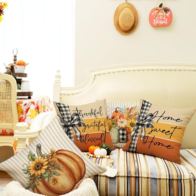 GEEORY Fall Throw Pillow Covers 20x20 Inch Set of 4, Pumpkins Mason Jars Sweet Home Striped Autumn Thanksgiving Seasonal Decorative Farmhouse Decoration (Orange) G636-20