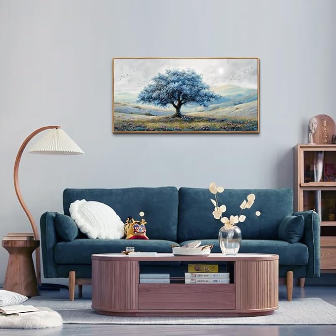 ZUITINGHUA Wood Framed Canvas Wall Art For Living Room Wall Decor For Bedroom Modern Office Wall Decoration Blue Tree Landscape Paintings Farmhouse Pictures Artwork Aesthetic Home Decor 20x40 In