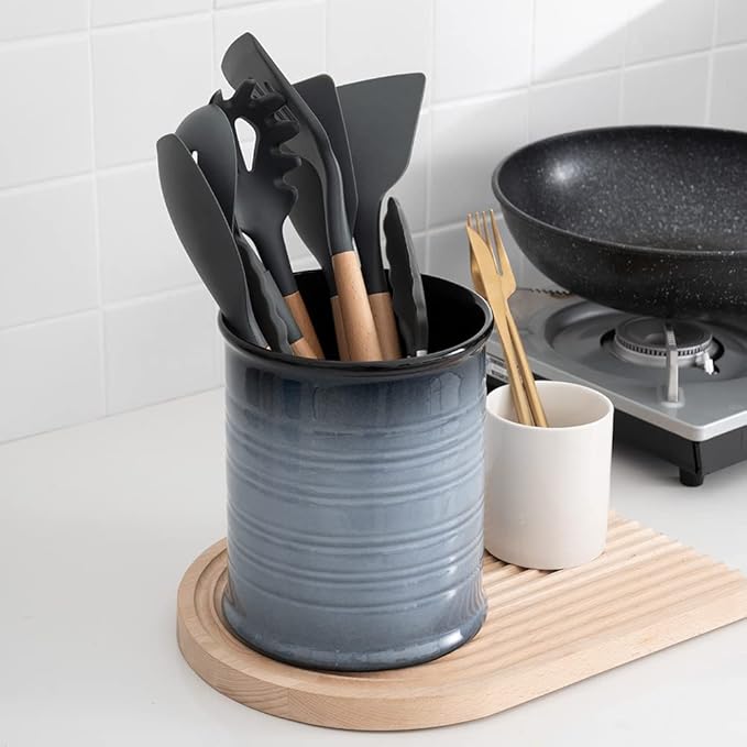 Nihow Kitchen Utensil Holder: 7.2 Inch Extra Large Ceramic Utensil Holder for Countertop - Stable Utensil Crock for Kitchen Counter Decor - Elegant Gray (1PC)