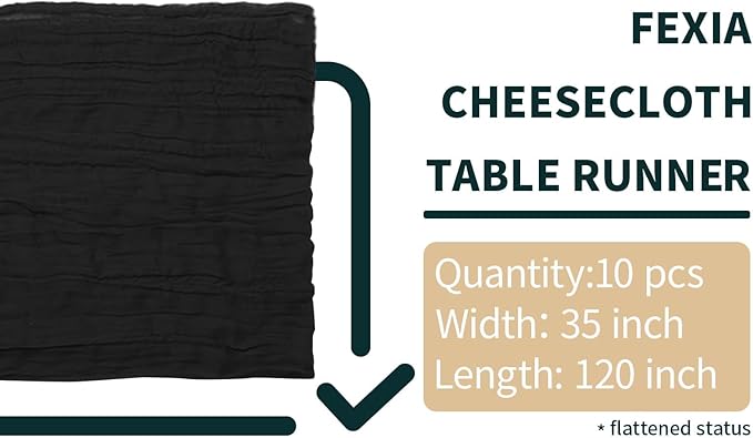 FEXIA 10 Pack Black Table Runner 35x120 Inches Gauze Rustic Gothic Farmhouse Decor for Halloween Thanksgiving Funeral First Communion Centerpiece Table Decorations (Black)
