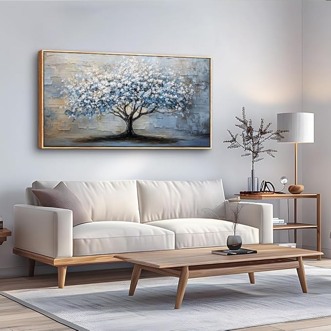 ERQINHUA Wall Art For Living Room Large Wall Decor Art For Office Abstract Pictures Blue Grey Tree Restaurant Wall Painting Framed Canvas Printing Art Bedroom Home Decoration Wood Framed 20"X40"