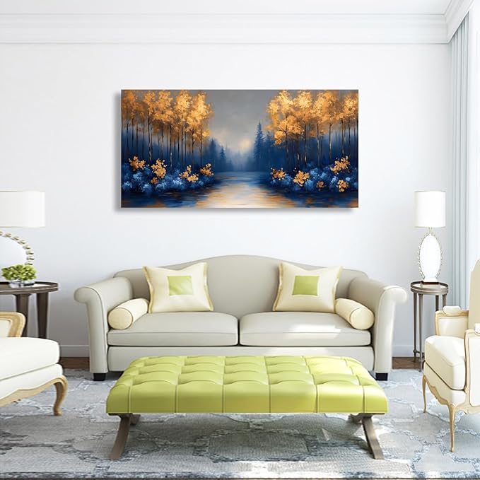 Abstract Scenery Pictures Canvas Wall Art for Living Room Office Bedroom Wall Decor,Blue Forest Golden Tree Wall Art Print Paintings Modern Landscapes Artwork Waterproof Ready to Hang-20x40inch