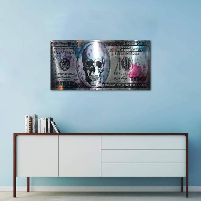 Office Decor Wall Art Canvas Dollar Skull Modern Art Canvas Poster Prints Creative Money 100 Picture Wall Decor Painting Artwork for Home Walls for Living Room Bedroom Framed Ready to Hang-32 Wx16 H